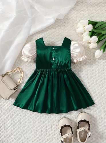 TODDLER GIRL SQUARE NECK GREEN DRESS 2-3 YRS.